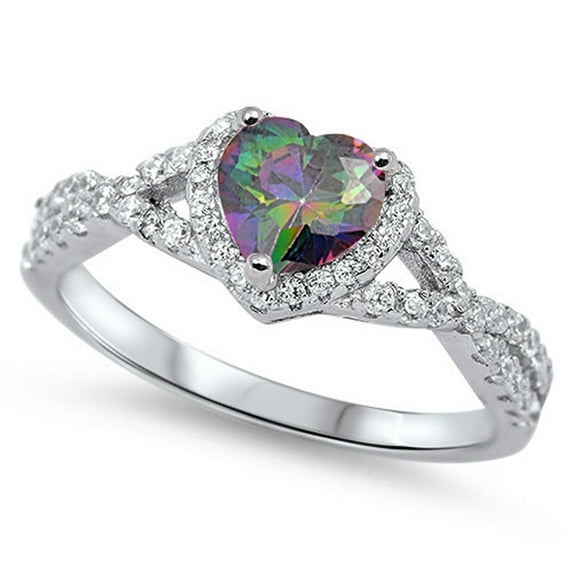 CHOOSE YOUR COLOR Traditional Multi-color CZ Heart Halo Promise Sterling Silver Ring Black Female Size 5