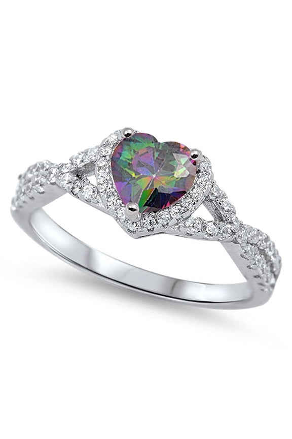 CHOOSE YOUR COLOR Traditional Multi-color CZ Heart Halo Promise Sterling Silver Ring Black Female Size 5