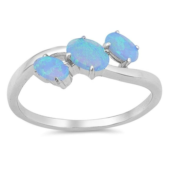 CHOOSE YOUR COLOR Triple Oval Blue Simulated Opal Ring .925 Sterling Silver Band CZ Female Size 5