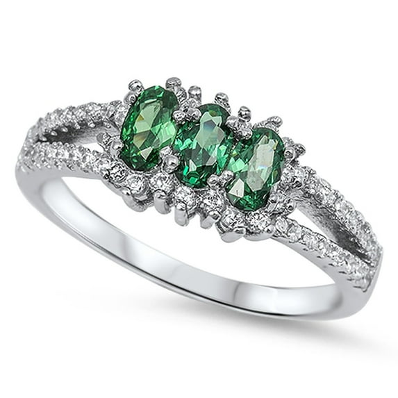 CHOOSE YOUR COLOR Triple Oval Simulated Emerald Halo Ring .925 Sterling Silver Band Green CZ Female Size 6