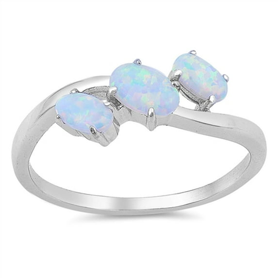 CHOOSE YOUR COLOR Triple Oval White Simulated Opal Ring .925 Sterling Silver Band CZ Female Size 6