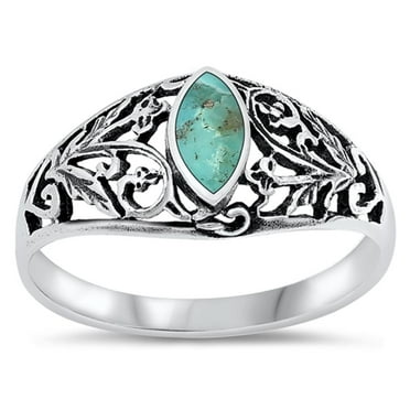 CHOOSE YOUR COLOR Vintage Filigree Simulated Turquoise Promise Ring .925 Sterling Silver Band Blue CZ Female Size 4