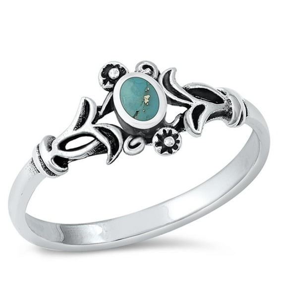 CHOOSE YOUR COLOR Vintage Flower Simulated Turquoise Promise Ring .925 Sterling Silver Band Blue CZ Female Size 4