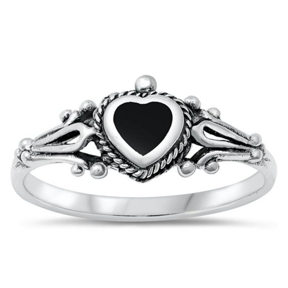 CHOOSE YOUR COLOR Vintage Heart Simulated Black Onyx Ring .925 Sterling Silver Band CZ Female Size 6