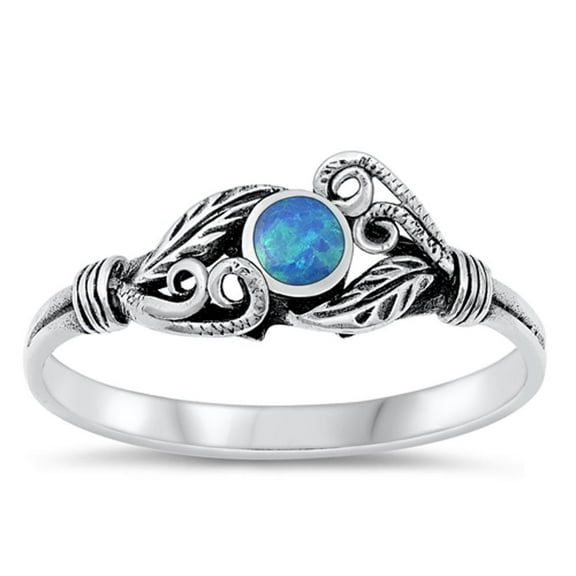 CHOOSE YOUR COLOR Vintage Leaf Blue Simulated Opal Ring .925 Sterling Silver Band CZ Female Size 6