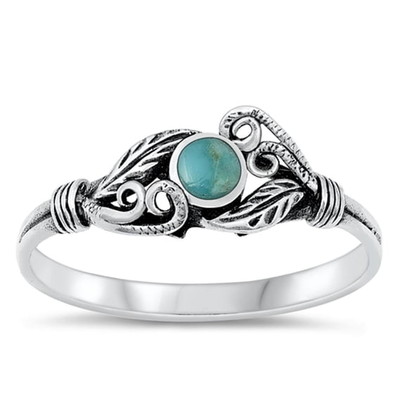 CHOOSE YOUR COLOR Vintage Leaf Simulated Turquoise Ring .925 Sterling Silver Band Blue CZ Female Size 8