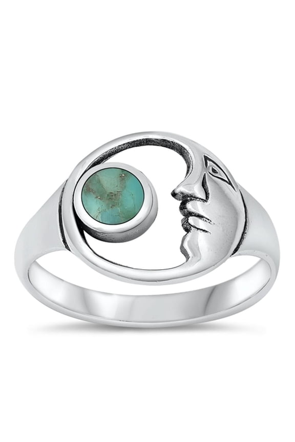 CHOOSE YOUR COLOR Vintage Moon Face Simulated Turquoise Ring .925 Sterling Silver Band Blue CZ Female Size 7