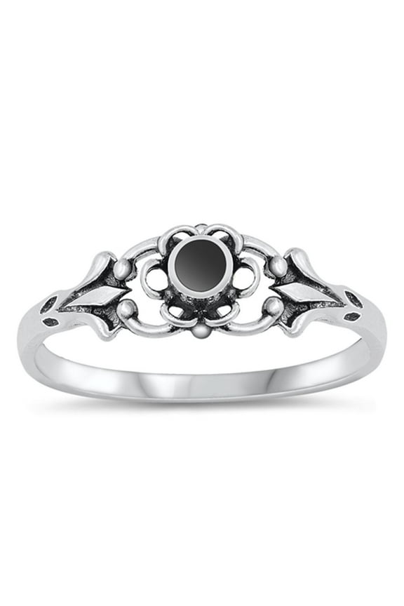 CHOOSE YOUR COLOR Vintage Simulated Black Onyx Flower Promise Ring .925 Sterling Silver Band CZ Female Size 5