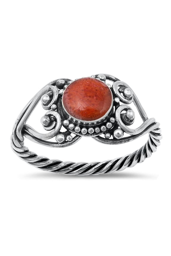 CHOOSE YOUR COLOR Vintage Simulated Coral Promise Rope Heart Ring .925 Sterling Silver Band Red CZ Female Size 7
