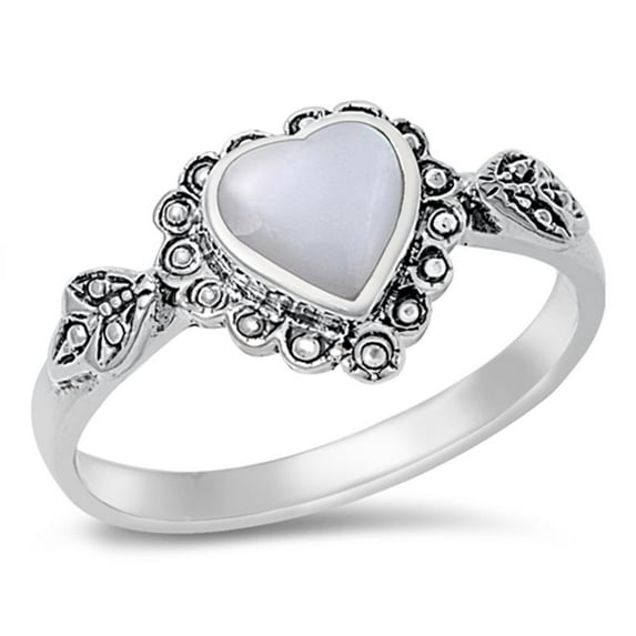 CHOOSE YOUR COLOR Vintage Simulated Mother of Pearl Heart Promise Ring .925 Sterling Silver Band Female Size 8
