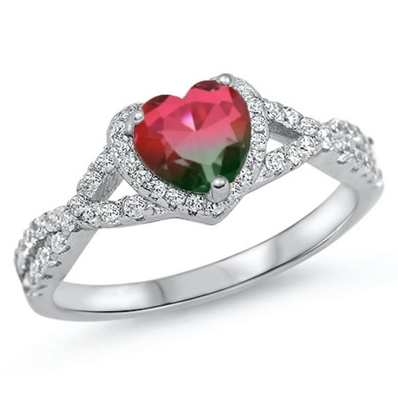 CHOOSE YOUR COLOR Watermelon Heart Halo Wholesale Ring .925 Sterling Silver Band Red CZ Female Size 9