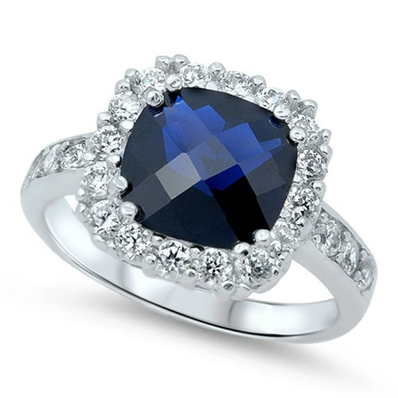 CHOOSE YOUR COLOR Wedding Blue Simulated Sapphire Halo Promise Ring .925 Sterling Silver Band CZ Female Size 9