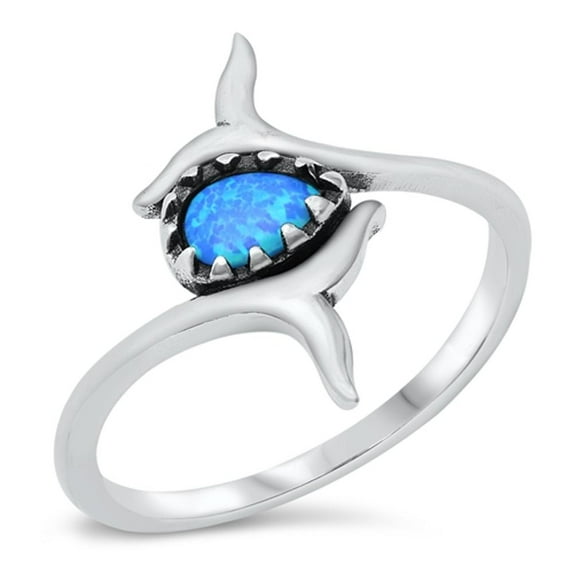 CHOOSE YOUR COLOR Whale Tail Blue Simulated Opal Ring .925 Sterling Silver Band CZ Female Size 10