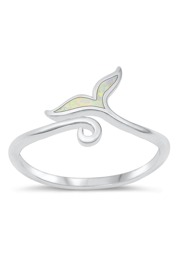 CHOOSE YOUR COLOR Whale Tail White Simulated Opal Ring .925 Sterling Silver Band CZ Female Size 9