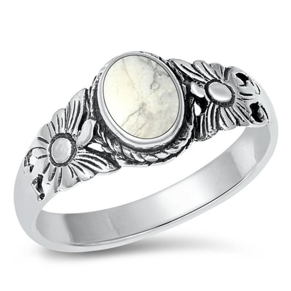 CHOOSE YOUR COLOR White Buffalo Simulated Turquoise Flower Ring .925 Sterling Silver Band CZ Female Size 8