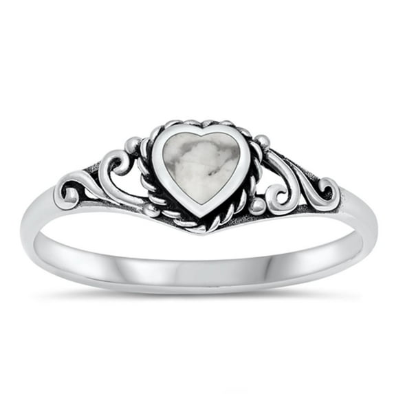 CHOOSE YOUR COLOR White Buffalo Simulated Turquoise Heart Ring .925 Sterling Silver Band CZ Female Size 4