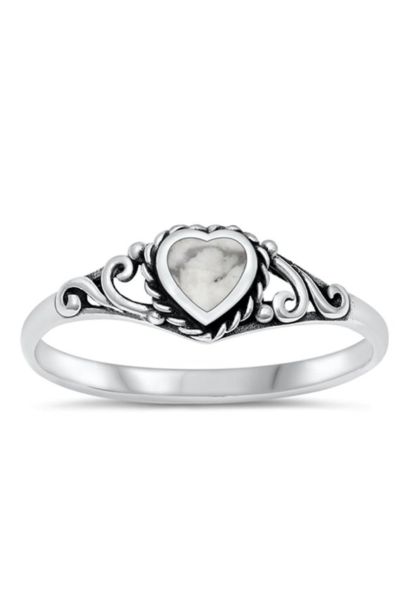 CHOOSE YOUR COLOR White Buffalo Simulated Turquoise Heart Ring .925 Sterling Silver Band CZ Female Size 7