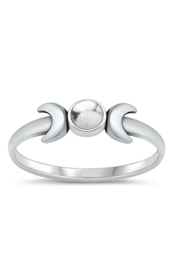 CHOOSE YOUR COLOR White Buffalo Simulated Turquoise Moon Ring .925 Sterling Silver Band Blue CZ Female Size 10
