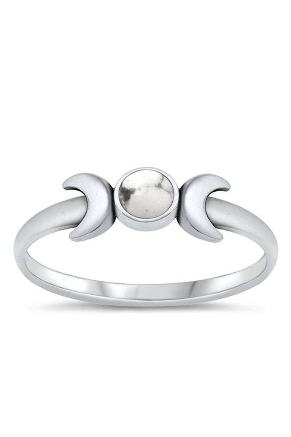 CHOOSE YOUR COLOR White Buffalo Simulated Turquoise Moon Ring .925 Sterling Silver Band Blue CZ Female Size 5