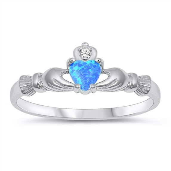 CHOOSE YOUR COLOR White CZ Blue Simulated Opal Claddagh Heart Ring .925 Sterling Silver Female Size 7