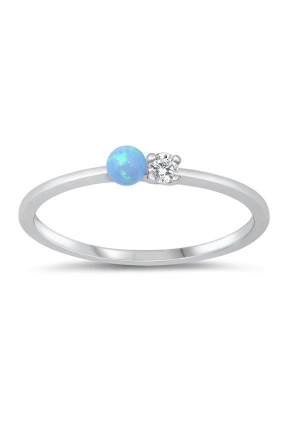 CHOOSE YOUR COLOR White CZ Blue Simulated Opal Double Round Ring .925 Sterling Silver Band Female Size 10