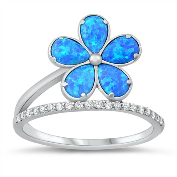 CHOOSE YOUR COLOR White CZ Blue Simulated Opal Flower Ring .925 Sterling Silver Band Female Size 6