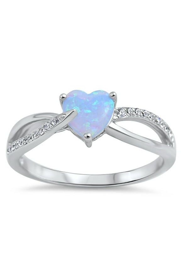 CHOOSE YOUR COLOR White CZ Blue Simulated Opal Heart Promise Ring .925 Sterling Silver Band Female Size 6