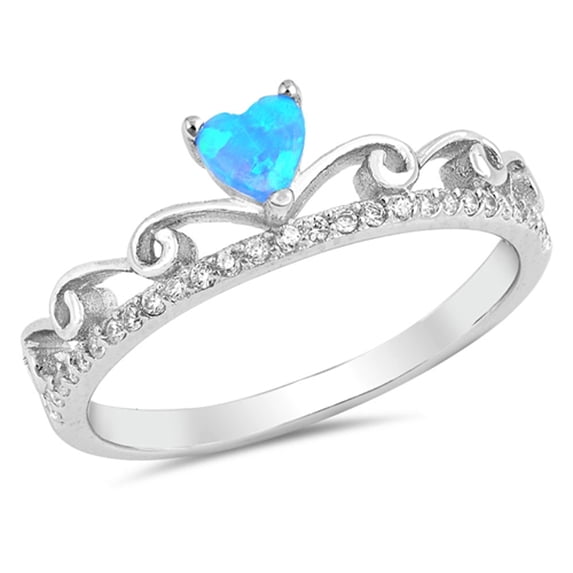 CHOOSE YOUR COLOR White CZ Blue Simulated Opal Heart Tiara Ring .925 Sterling Silver Band Female Size 10