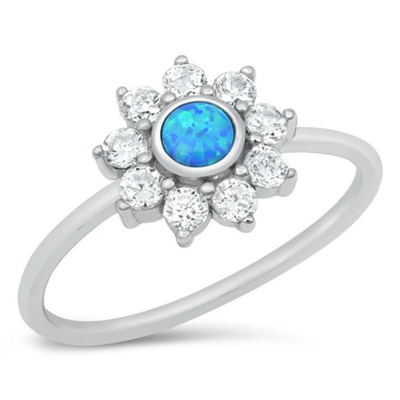 CHOOSE YOUR COLOR White CZ Blue Simulated Opal Mandala Flower Ring .925 Sterling Silver Band Female Size 5