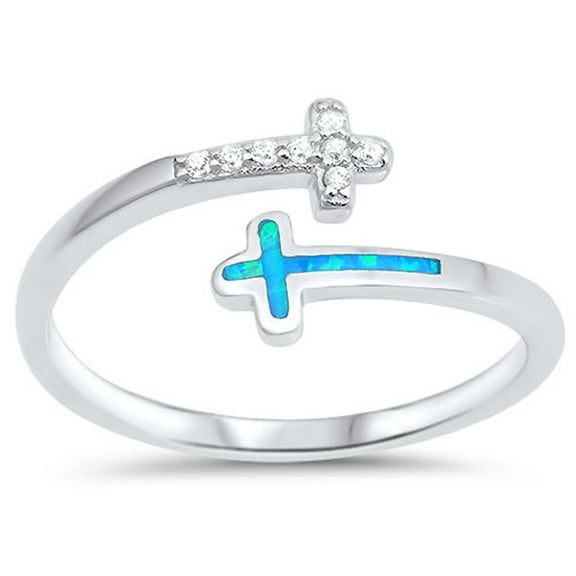 CHOOSE YOUR COLOR White CZ Blue Simulated Opal Open Cross Ring .925 Sterling Silver Band Female Size 9