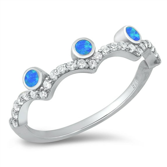 CHOOSE YOUR COLOR White CZ Blue Simulated Opal Scalloped Tiara Ring .925 Sterling Silver Female Size 10