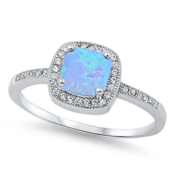 CHOOSE YOUR COLOR White CZ Blue Simulated Opal Square Halo Ring .925 Sterling Silver Band Female Size 4