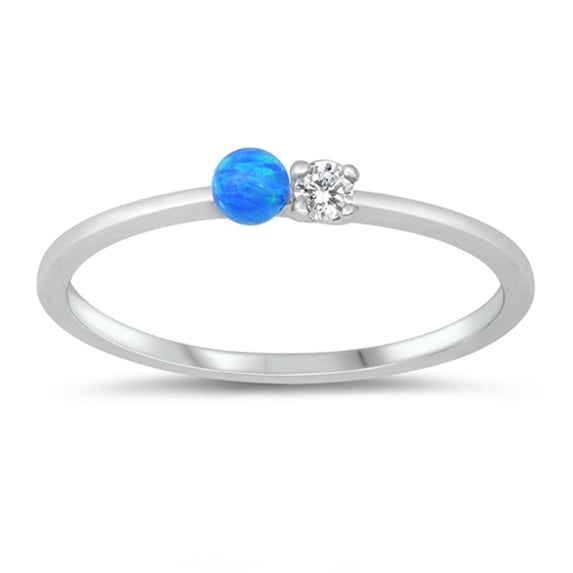CHOOSE YOUR COLOR White CZ Blue Simulated Opal Traditional Ring .925 Sterling Silver Band Female Size 8