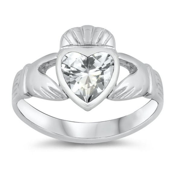 CHOOSE YOUR COLOR White CZ Claddagh Heart Ring .925 Sterling Silver Band Jewelry Female Size 9