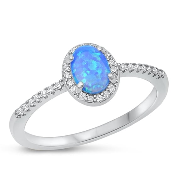 CHOOSE YOUR COLOR White CZ Halo Blue Simulated Opal Ring 925 Sterling Silver Band Female Size 10