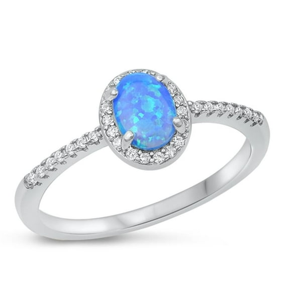CHOOSE YOUR COLOR White CZ Halo Blue Simulated Opal Ring 925 Sterling Silver Band Female Size 6