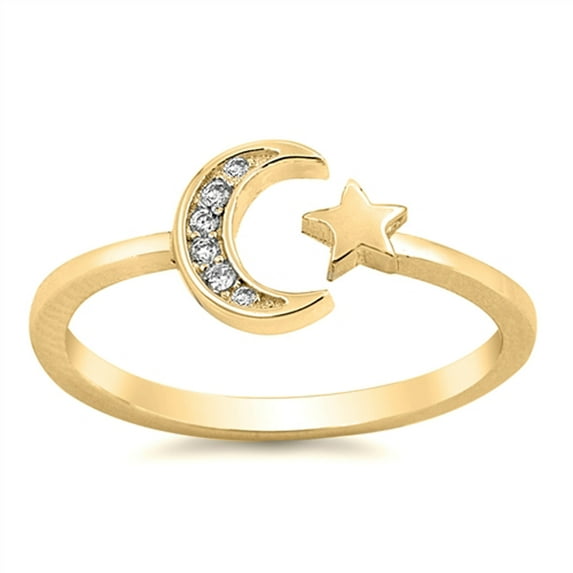 CHOOSE YOUR COLOR White CZ Open Adjustable Moon Star Gold-Tone 925 Sterling Silver Ring Female Size 2