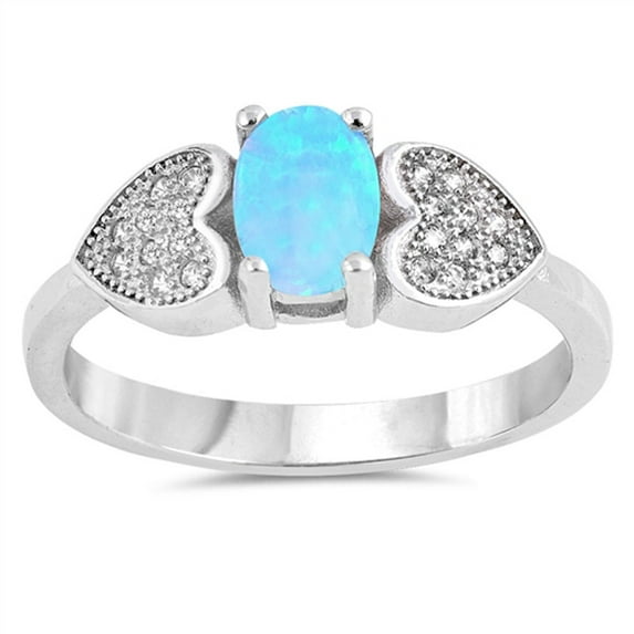 CHOOSE YOUR COLOR White CZ Oval Blue Simulated Opal Heart Ring .925 Sterling Silver Band Female Size 5