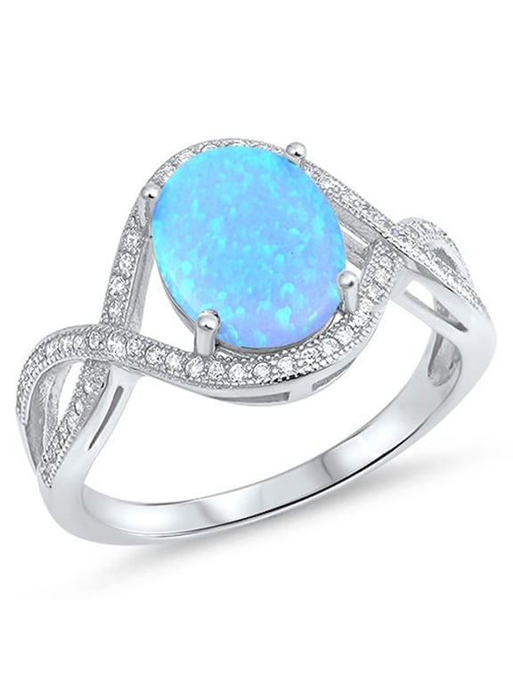 CHOOSE YOUR COLOR White CZ Oval Blue Simulated Opal Infinity Ring .925 Sterling Silver Band Female Size 11