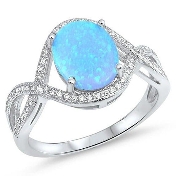 CHOOSE YOUR COLOR White CZ Oval Blue Simulated Opal Infinity Ring .925 Sterling Silver Band Female Size 8
