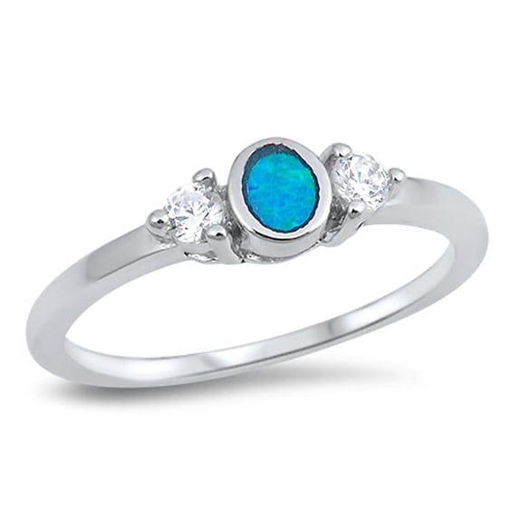 CHOOSE YOUR COLOR White CZ Oval Blue Simulated Opal Ring .925 Sterling Silver Band Female Size 6