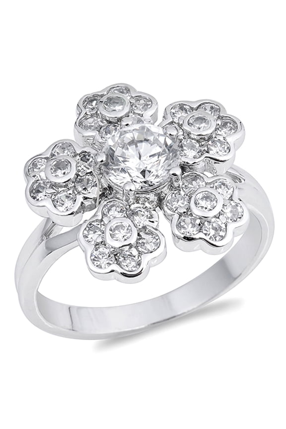 CHOOSE YOUR COLOR White CZ Round Solitaire Flower Ring .925 Sterling Silver Band Female Size 5