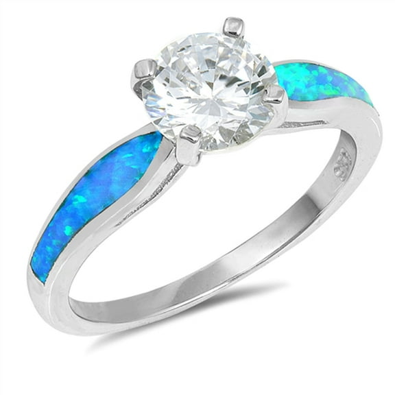 CHOOSE YOUR COLOR White CZ Solitaire Blue Simulated Opal Wedding Ring Sterling Silver Band Female Size 5