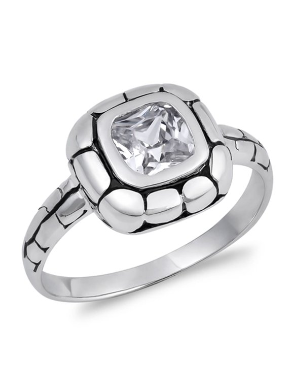 CHOOSE YOUR COLOR White CZ Square Bezel Cracked Bubble Ring .925 Sterling Silver Band Female Size 5