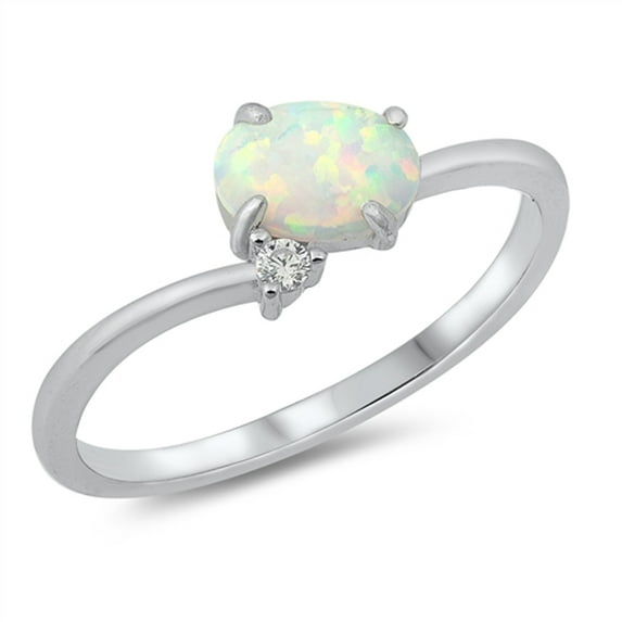 CHOOSE YOUR COLOR White CZ White Oval Simulated Opal Ring .925 Sterling Silver Band Female Size 7
