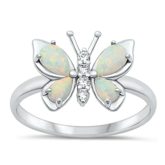 CHOOSE YOUR COLOR White CZ White Simulated Opal Butterfly Ring .925 Sterling Silver Band Female Size 6