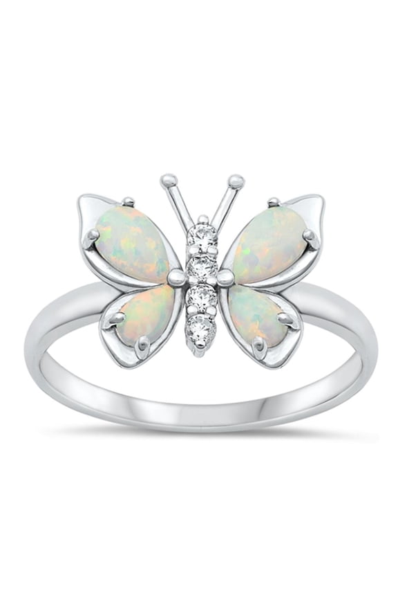 CHOOSE YOUR COLOR White CZ White Simulated Opal Butterfly Ring .925 Sterling Silver Band Female Size 9