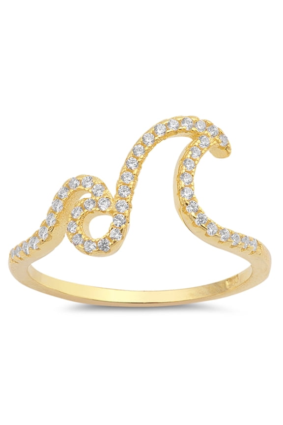 CHOOSE YOUR COLOR White CZ Yellow Gold-Tone Ocean Wave Ring .925 Sterling Silver Band Female Size 7