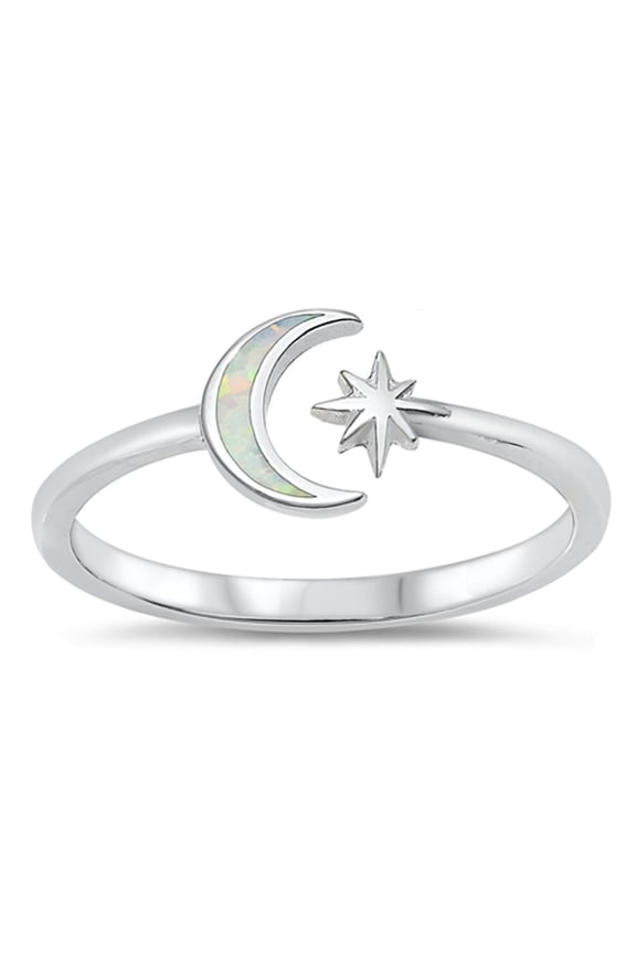 CHOOSE YOUR COLOR White Simulated Opal Adjustable Moon Star Ring .925 Sterling Silver Band CZ Female Size 10