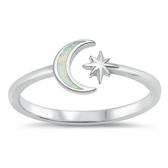 CHOOSE YOUR COLOR White Simulated Opal Adjustable Moon Star Ring .925 Sterling Silver Band CZ Female Size 4